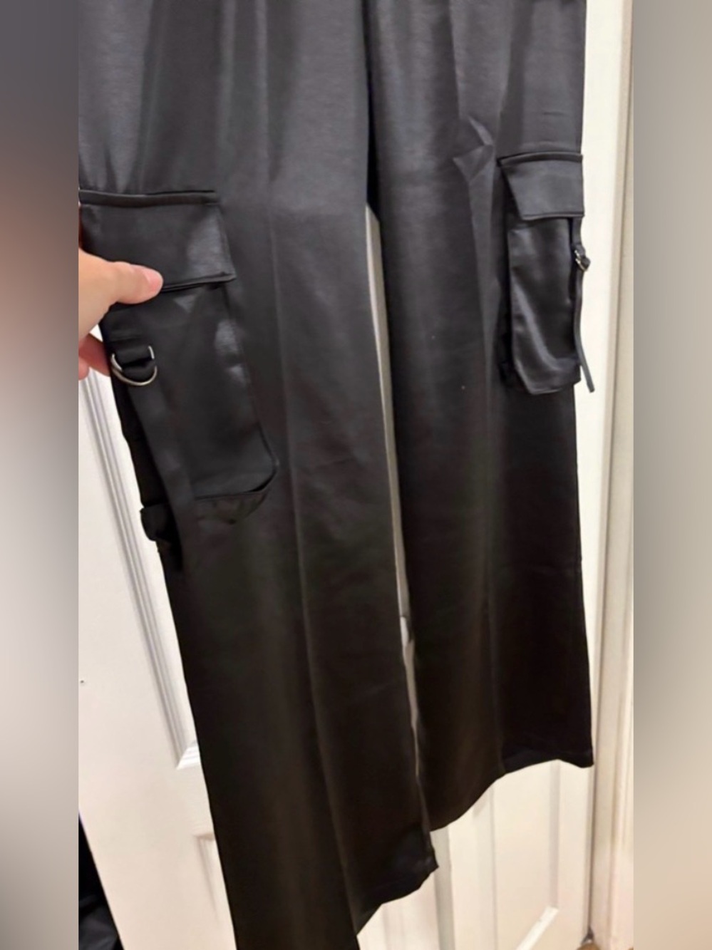NWT Black Satin Cargo Pants | Wide Leg Utility Chic | Street Style Luxe - Picture 3 of 5